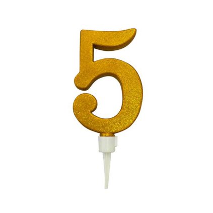 SVÍČKA ČÍSLICE "5" ZAPICHOVACÍ VELKÁ, 16CM, ZLATÁ