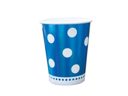 Papírové kelímky modré s bílými tečkami, objem 260 ml, sada 6 ks
