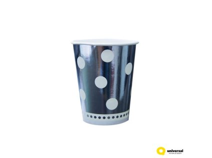 Papírové kelímky stříbrné s bílými tečkami, objem 260 ml, sada 6 ks