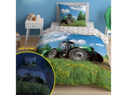 DETEXPOL Povlečení Traktor na louce svítící Bavlna, 140/200, 70/80 cm