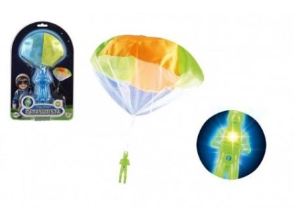 Parašutista figurka s padákem létající svítící látka/plast 12cm na baterie 2 barvy na kart