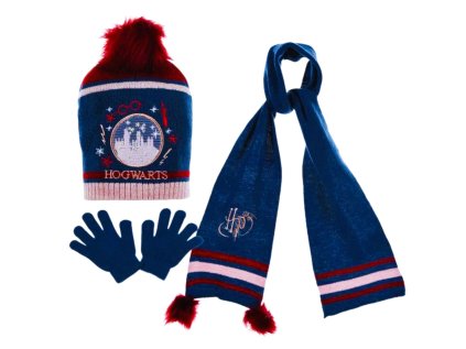 SOUPRAVA ČEPICE, ŠÁLA A RUKAVICE HARRY POTTER hu 4117 tm. modrá (Velikost 52)