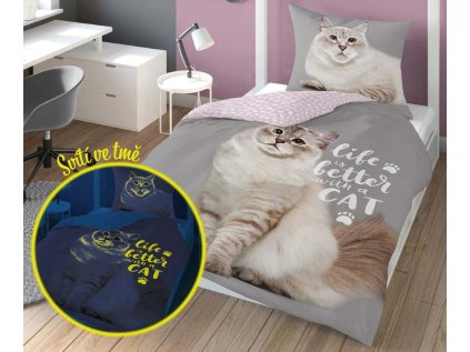 DETEXPOL Povlečení Kočka life svítící Bavlna, 140/200, 70/80 cm