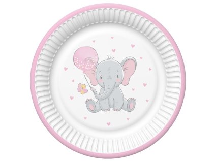 Talíř papírový PM 18cm 8ks Baby Elephant with Pink Balloon