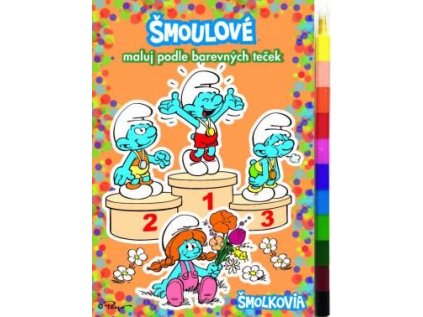 Omalovánky maluj podle barevných teček - Šmoulové
