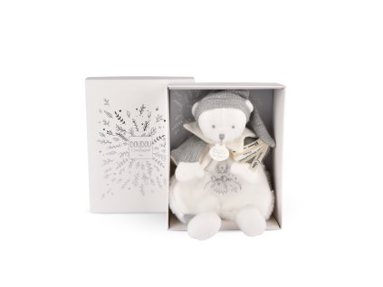 Doudou Dárková sada Plyšový muchláček medvídek s čepičkou šedý 25 cm