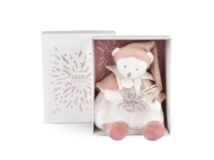 Doudou Dárková sada Plyšový muchláček medvídek s čepičkou růžový 25 cm