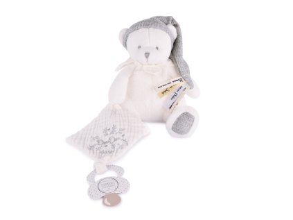 Doudou Dárková sada Plyšový medvídek s úchytem na dudlík a dečkou šedý 20 cm