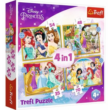 PUZZLE DISNEY PRINCESS ŠŤASTNÝ DEN 4 V 1 MIX 35,48,54 A 70 DÍLKŮ > varianta 34385