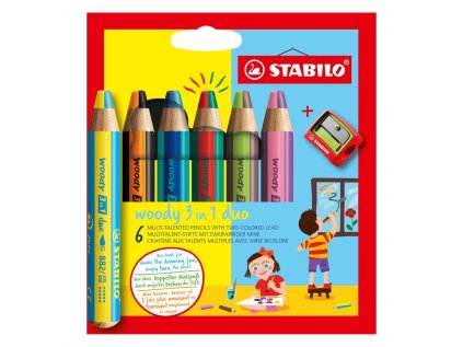 multifunkcni barvicka stabilo woody 3v1 duo dvoubarevna tuha 6 ks sada se struhadlem