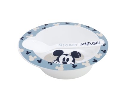 detsky plastovy riad 2ks mickey mouse baby blue miska lyzicka 10478