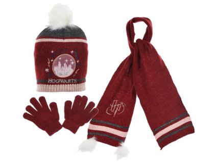 SOUPRAVA ČEPICE, ŠÁLA A RUKAVICE HARRY POTTER hu 4117 vínová (Velikost 52)