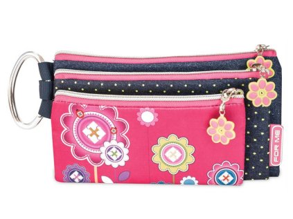 Třívrstvý penál FOR ME - modro/růžový NEON FROWERS