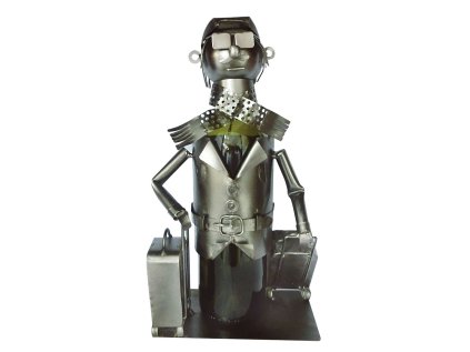 Kovový stojan na víno, motiv cestovatel