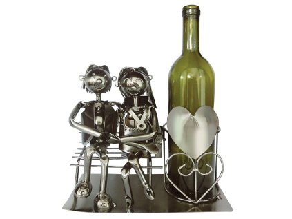 Kovový stojan na víno, motiv milenci na lavičce