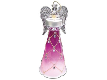 Skleněný anděl 20cm,na 1 čajovou svíčku, růžový