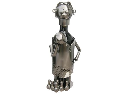 Kovový stojan na víno, motiv kuželkář