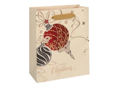 Taška vánoční dárková, béžová, potisk, průhledné okénko, 18 x 23 x 9cm
