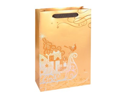 Taška vánoční dárková, zlatá, potisk, 18 x 23 x 9cm