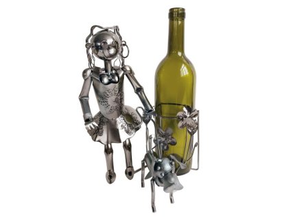 Kovový stojan na víno, motiv dívka se psem