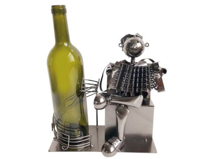 Kovový stojan na víno, motiv harmonikář