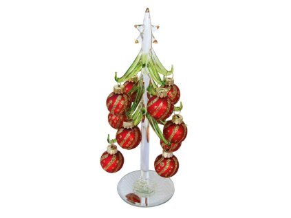 Skleněný vánoční stromek zelený s červenými ozdobami, výška 20cm