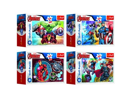 Minipuzzle 54 dílků Avengers/Hrdinové 4 druhy v krabičce 9x6,5x4cm 40ks v boxu