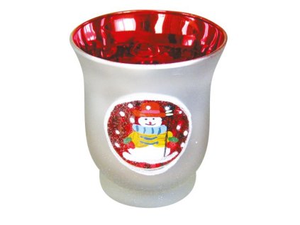 Svícen skleněný, výška 11cm, průměr 9cm, motiv sněhulák, balení 6ks mix barev