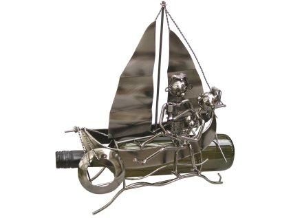 Kovový stojan na víno, motiv milenci na plachetnici