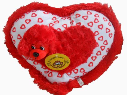 Polštářek plyšový srdíčko červené s pejskem, rozměry 44 x 32 cm