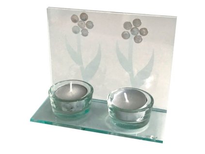 Svícen na 2 čajové svíčky čirý s květinami
