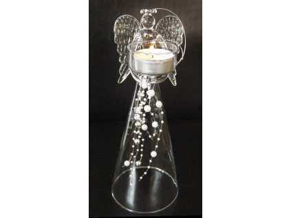 Anděl čirý s bílými skleněnými perlami na čajovou svíčku, výška 25cm