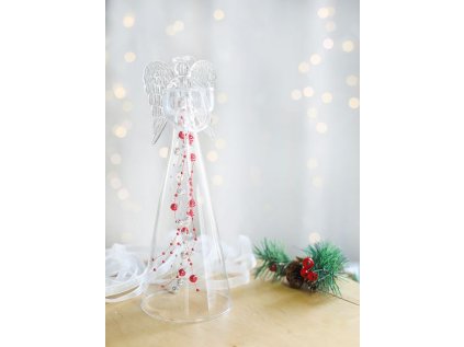 Anděl čirý s červenými skleněnými perlami na čajovou svíčku, výška 25cm