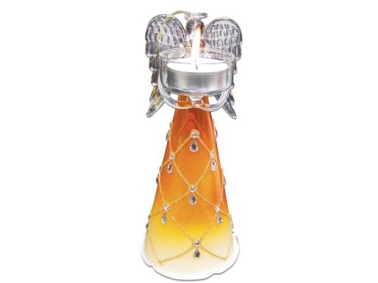 Skleněný anděl 20cm,na 1 čajovou svíčku, žlutooranžový