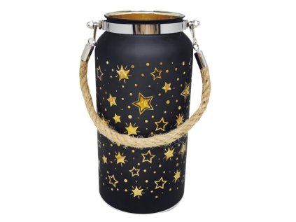 Skleněná svítící lucerna s časovačem výška 20cm černá (na 3 baterie, součástí balení)