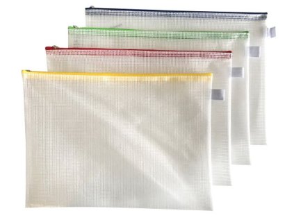 Pouzdro na dokumenty/drobnosti A4 čiré s barevným zipem, mix barev