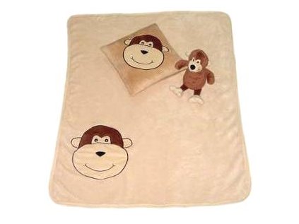 Dětská 3 dílná sada -polštářek, deka, hračka - opice