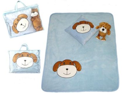 Dětská 3 dílná sada -polštářek, deka, hračka - pes