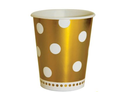 Papírové kelímky zlaté s bílými tečkami, objem 260 ml, sada 6 ks