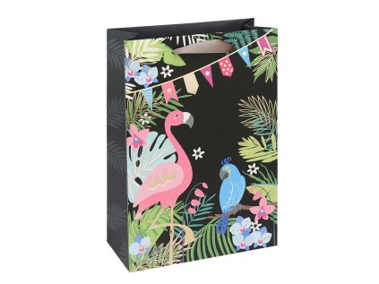 Dárková taška 18 x 23 x 9cm, černá, potisk plameňák