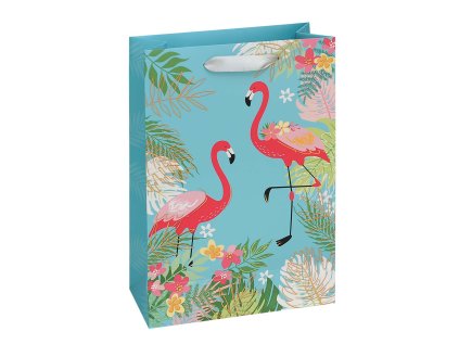 Dárková taška 18 x 23 x 9cm, modrá, potisk plameňák