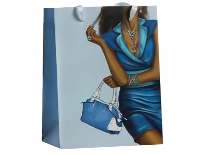Designová dárková taška, 18 x 23 x 9 cm, motiv modré šaty s kabelkou