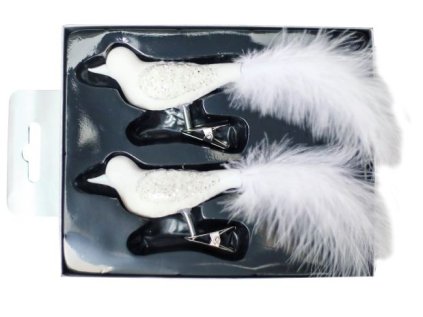 Skleněný ptáček na stromeček bílý, sada 2 ks