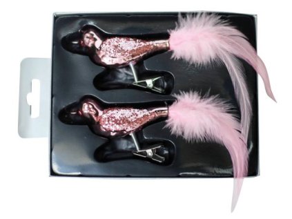 Skleněný ptáček na stromeček růžový, sada 2 ks