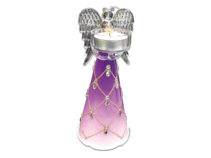 Skleněný anděl 20cm,na 1 čajovou svíčku, fialový