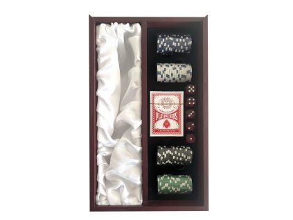 Kazeta na 1 láhev se sadou na Poker (hrací žetony, karty). Průhledné přední okénko.