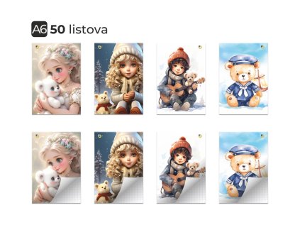 Poznámkový blok A6, kostičkovaný, mix motivů