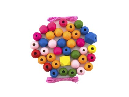 Korálky dřevěné barevné MAXI s gumičkami 106 ks v plastové dóze 9x13cm