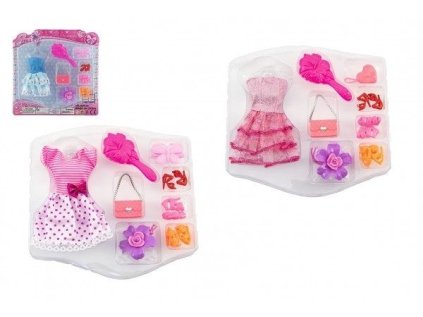 Šaty/oblečky na panenky s doplňky 3 druhy na kartě 24x24x3cm