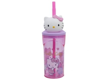 Plastová sklenice s integrovaným brčkem a 3D dekorací HELLO KITTY